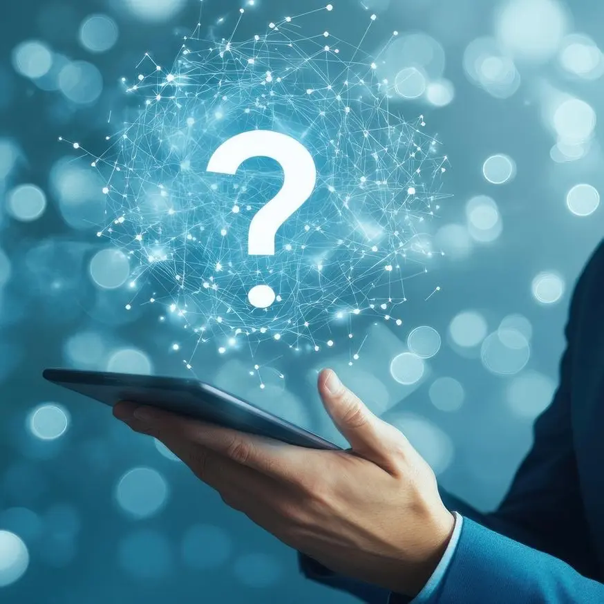 Tablet sujeta con una mano y una interrojacion flotando